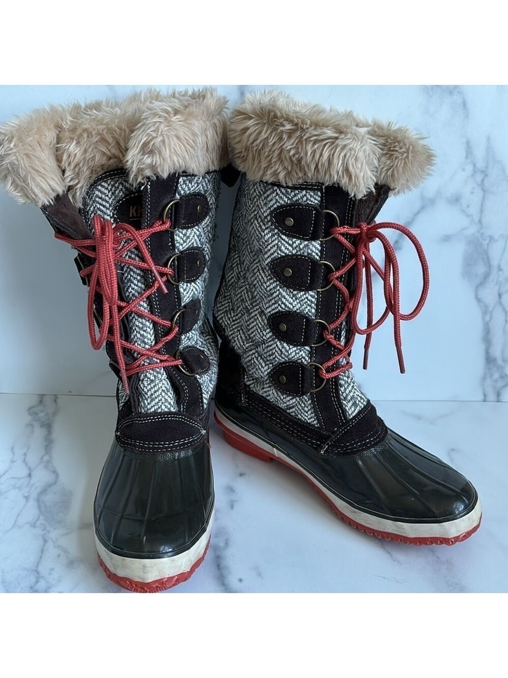 Khombu Arielle Tweed Lace Up Boot Brown Faux Fur Collar Size 7